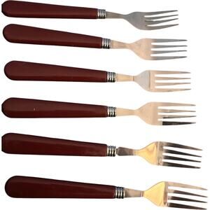 Set of 6 forks with burgundy handles..stainless steel